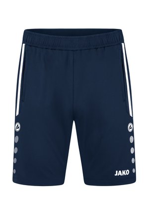 Navy athletic shorts with a drawstring waistband, white side stripes, two pockets, and logo. Features circular accents on the left leg.