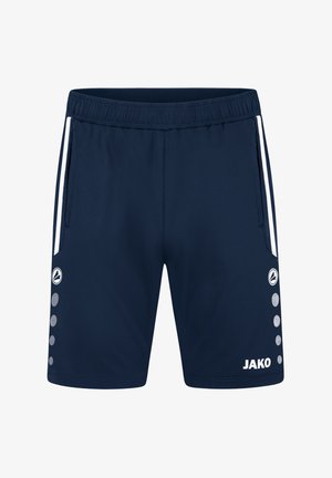 Marineblauwe sportshorts met een trekkoord in de taille, witte zijkanten, twee zakken en een logo. Bevat cirkelvormige accenten op het linkerpand.