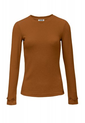 Top de manga larga acanalado en color naranja quemado con escote redondo, que presenta detalles texturizados en los puños. Hecho de tela elástica.