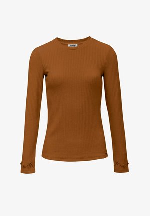 Haut côtelé à manches longues de couleur orange brûlé avec un col rond, présentant des détails texturés aux poignets. Confectionné dans un tissu extensible.