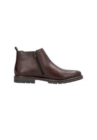 Bottines en cuir marron avec une finition lisse, une fermeture éclair sur le côté et une semelle en caoutchouc texturé pour une meilleure traction. Comprend une boucle à l'arrière pour un enfilage facile.