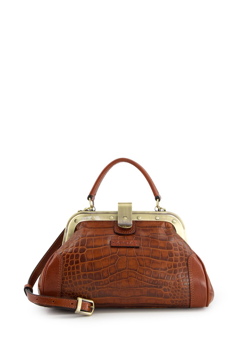 Brown crocodile-embossed leather handbag with a gold-toned clasp, short handle, and optional shoulder strap. Features a flat base for stability.