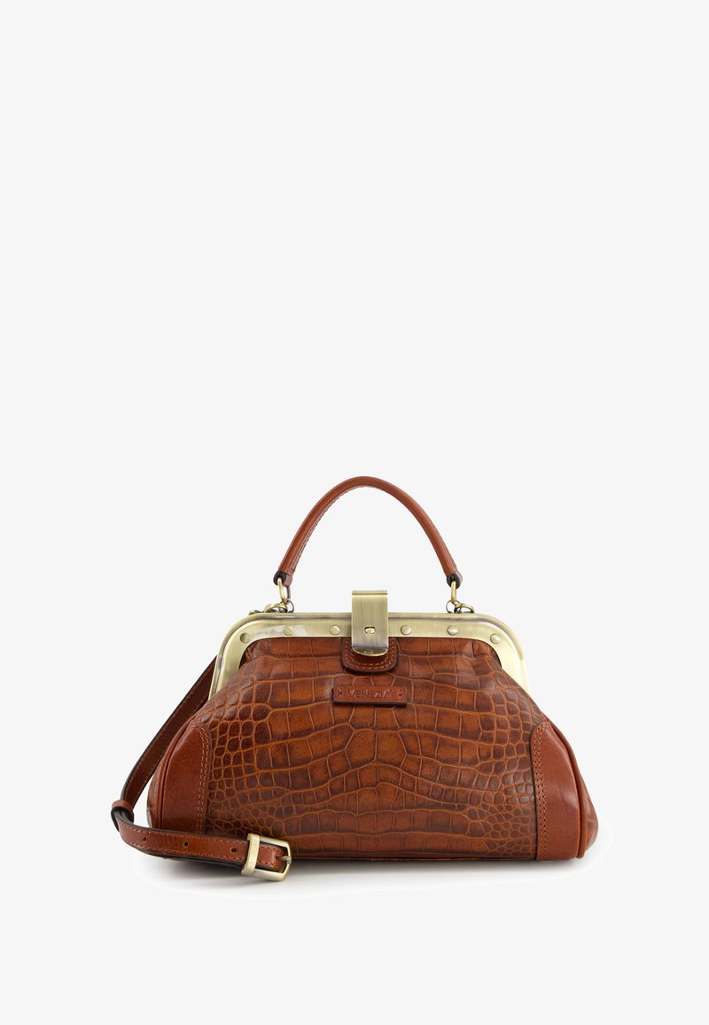 Brown crocodile-embossed leather handbag with a gold-toned clasp, short handle, and optional shoulder strap. Features a flat base for stability.