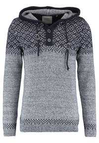 Kapuzensweatshirt mit einer strukturierten grauen und marineblauen Gestaltung im Diamantmuster. Verfügt über eine mit Knöpfen versehene Knopfleiste und verstellbare Kordeln.