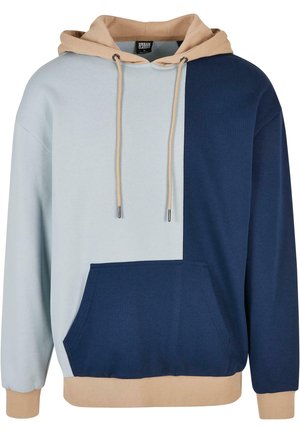 Hoodie aus Baumwollmischung mit einem hellblauen und navyfarbenen Farbblockdesign, beige Akzenten an der Kapuze und einer Fronttasche im Kängurustil.