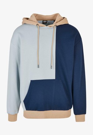 Cotton blend hoodie featuring a light blue and navy color block design, tan accents on the hood, and a front kangaroo pocket.