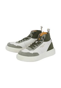 Sneaker alte con un corpo in pelle bianca e inserti in suede verde. Suola in gomma spessa con motivo testurizzato e linguetta sul tallone.