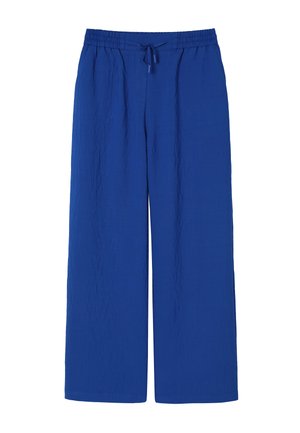 Siniset leveälahkeiset housut joustavalla vyötärönauhalla ja kiristysnauhalla, kevyt kangas, rento tyyli.