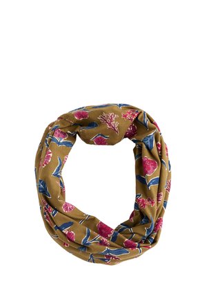 Brauner Stoff-Loop-Schal mit blauen Blättern und rosa Blumenmustern, zu einer kreisförmigen Schlaufe auf weißem Hintergrund gelegt.