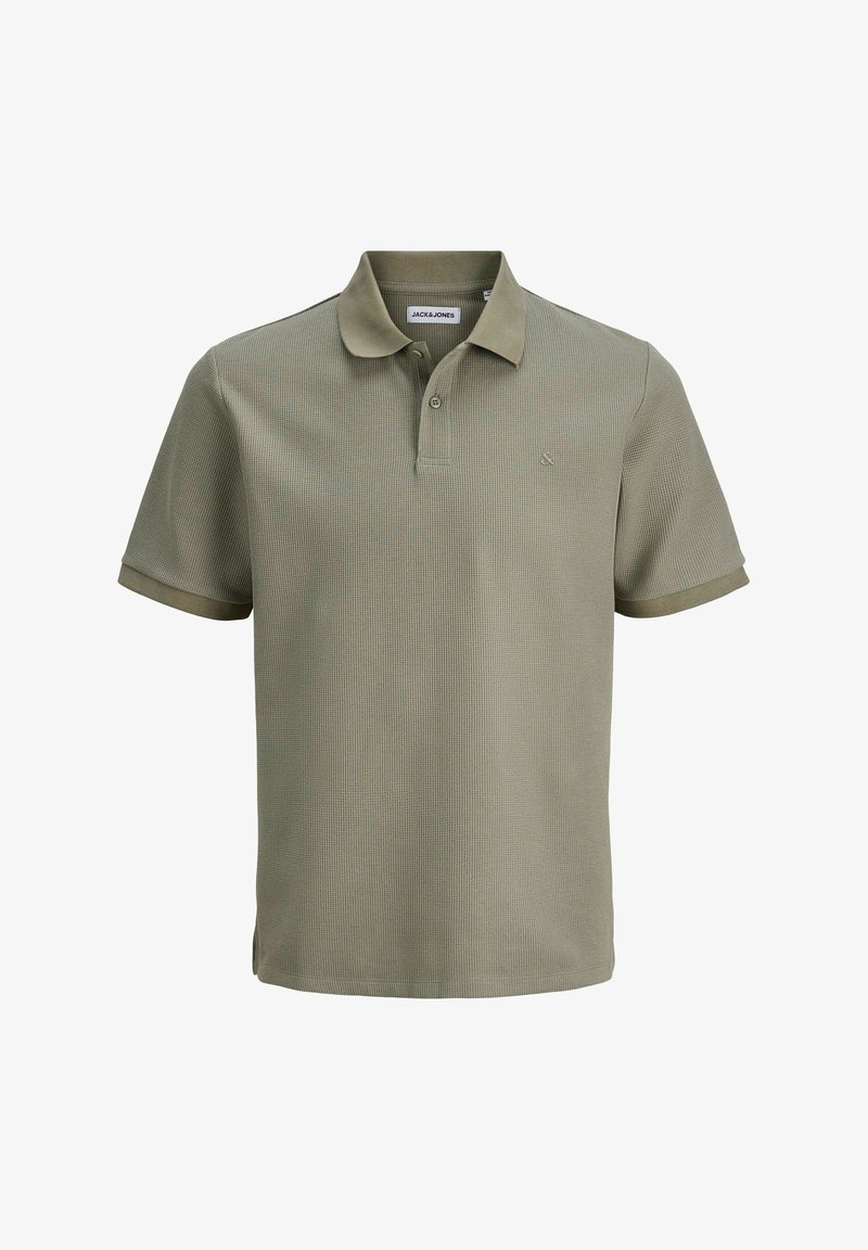 Olivgrünes Polohemd aus strukturiertem Stoff, mit umgeschlagenem Kragen, kurzen Ärmeln und einem kleinen Logo auf der Brust.