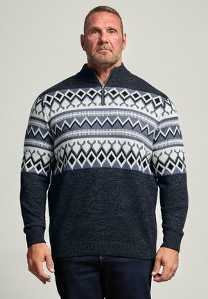 Homme aux cheveux courts et à la barbe porte un pull en laine bleu marine et blanc à motifs, avec un col montant zippé, debout devant un fond uni.