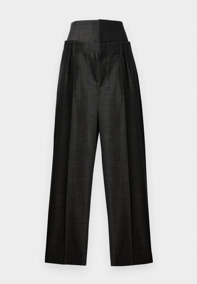 Black tailored pants with a high waistband, featuring sharp pleats and a smooth texture. Made from a lightweight, woven fabric.