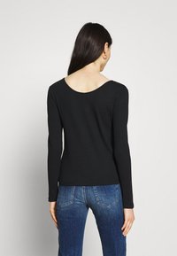 Svart ribbad långärmad topp med vid rundad halsringning, kombinerad med blå denimjeans, visad bakifrån. Slät textur och figurnära design.