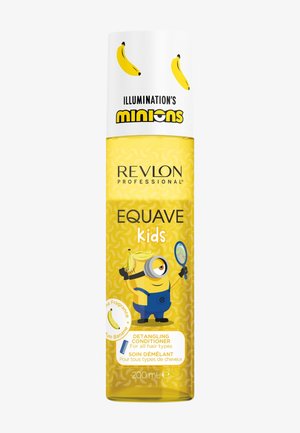 Bouteille jaune de revitalisant démêlant Revlon Equave pour enfants avec personnage de Minion, graphismes de bananes, et étiquette parfum banane, 200 mL.