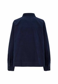 Camicia di corduroy blu navy con colletto, maniche lunghe e chiusure a bottone sui polsini. Texture liscia con un taglio classico e rilassato.