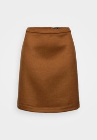 Falda A-line marrón hecha de tejido texturizado, con una cinturilla plana y un discreto cierre lateral. Diseño minimalista sin patrones visibles.