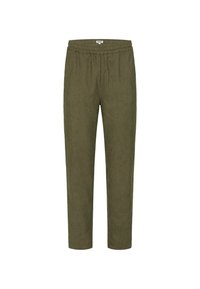 Olive green, lightweight trousers with an elastic waistband, tailored fit, and textured fabric, suitable for casual wear.