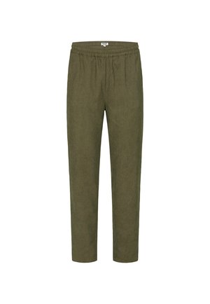 Olive green, lightweight trousers with an elastic waistband, tailored fit, and textured fabric, suitable for casual wear.