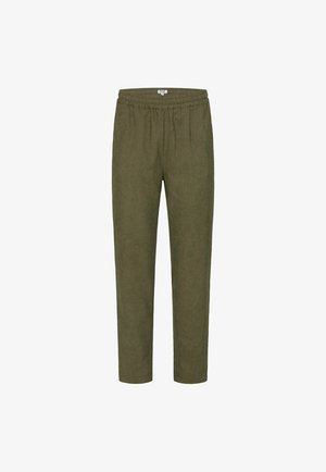 Olive green, lightweight trousers with an elastic waistband, tailored fit, and textured fabric, suitable for casual wear.
