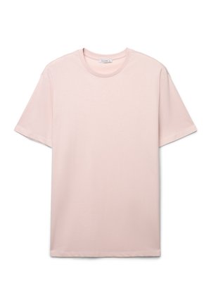 T-shirt in cotone rosa chiaro con maniche corte, scollo tondo e texture liscia. Design semplice, senza motivi o grafiche.