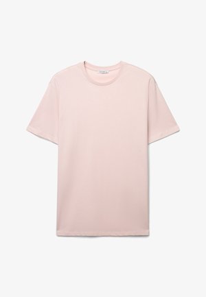 T-shirt in cotone rosa chiaro con maniche corte, scollo tondo e texture liscia. Design semplice, senza motivi o grafiche.