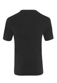 Μαύρο βαμβακερό T-shirt με κοντά μανίκια, στρογγυλή λαιμόκοψη, λεία υφή, απλός σχεδιασμός, χωρίς σχέδια ή επιπλέον λεπτομέρειες στην πλάτη.