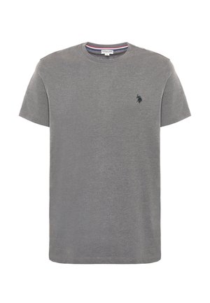 T-shirt grigio a maniche corte realizzato in cotone. Presenta un colletto a girocollo, un design minimalista e un piccolo logo nero sul lato sinistro del petto.