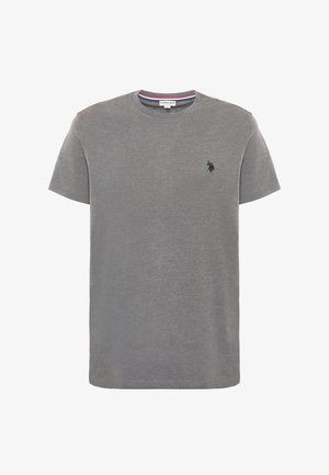 T-shirt grigio a maniche corte realizzato in cotone. Presenta un colletto a girocollo, un design minimalista e un piccolo logo nero sul lato sinistro del petto.