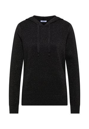 Zwarte capuchontrui met een glinsterende textuur, voorzien van een voorzak, lange mouwen en trekkoordjes aan de capuchon.