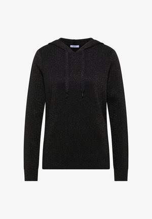 Sweat à capuche noir avec une texture pailletée, doté d'une poche avant, de manches longues et de détails à cordon à la capuche.