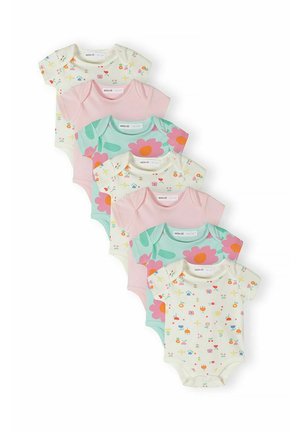 Šesť krátkych detských body s krátkym rukávom v pastelovej ružovej, mätozelené s veľkými kvetmi a krémové s drobnými farebnými kvetinovými vzormi, usporiadané vertikálne.