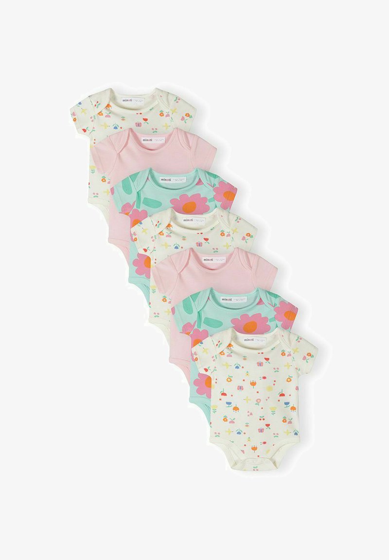 Six bodies pour bébé à manches courtes en rose pastel, vert menthe avec de grandes fleurs, et crème avec de petits imprimés floraux colorés, disposés verticalement.