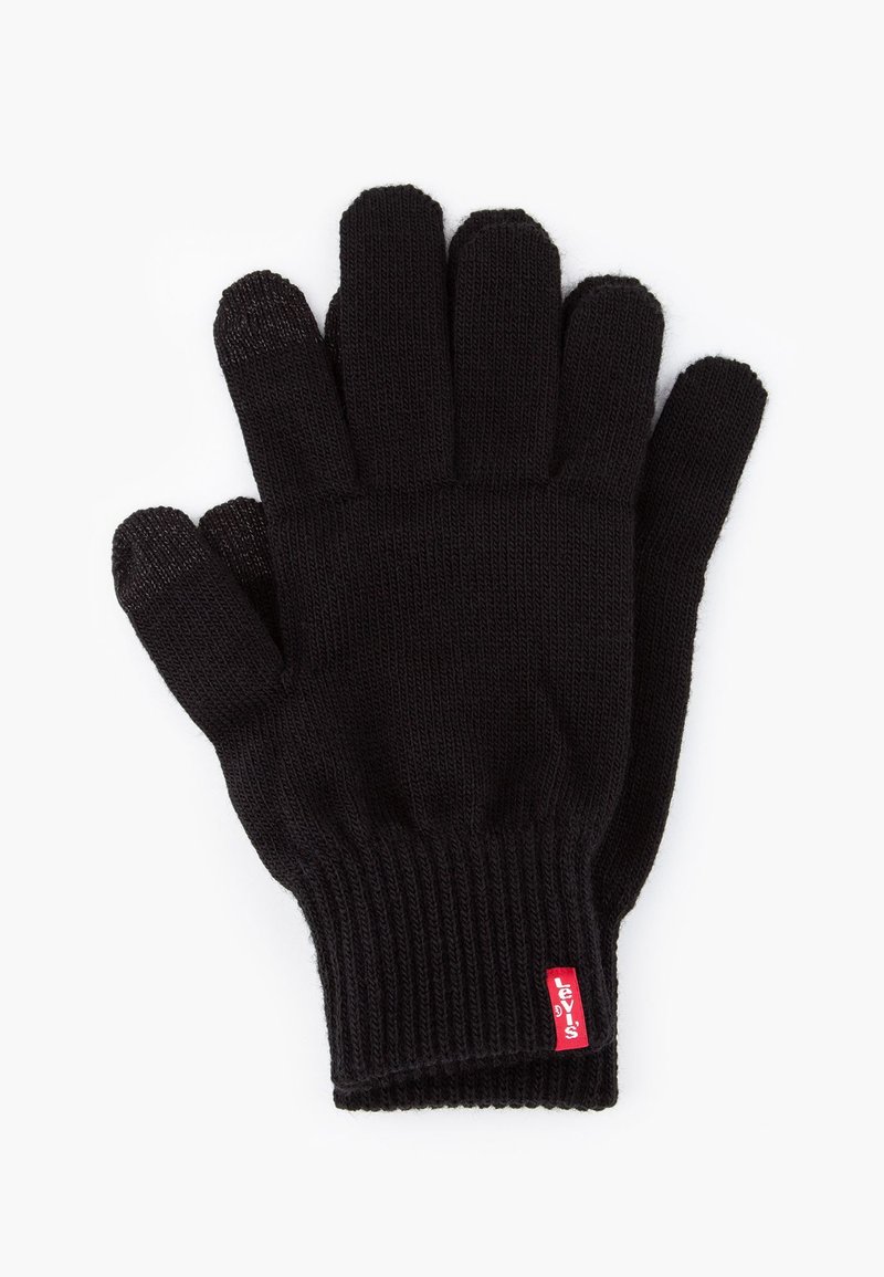 Black knit gloves with ribbed cuffs, featuring five finger design and a small red Levi's logo tag on the wrist.
