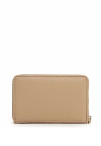 Portafoglio in pelle beige con finitura texturizzata, forma rettangolare, chiusura con zip e sottile dettaglio di cucitura lungo i bordi.