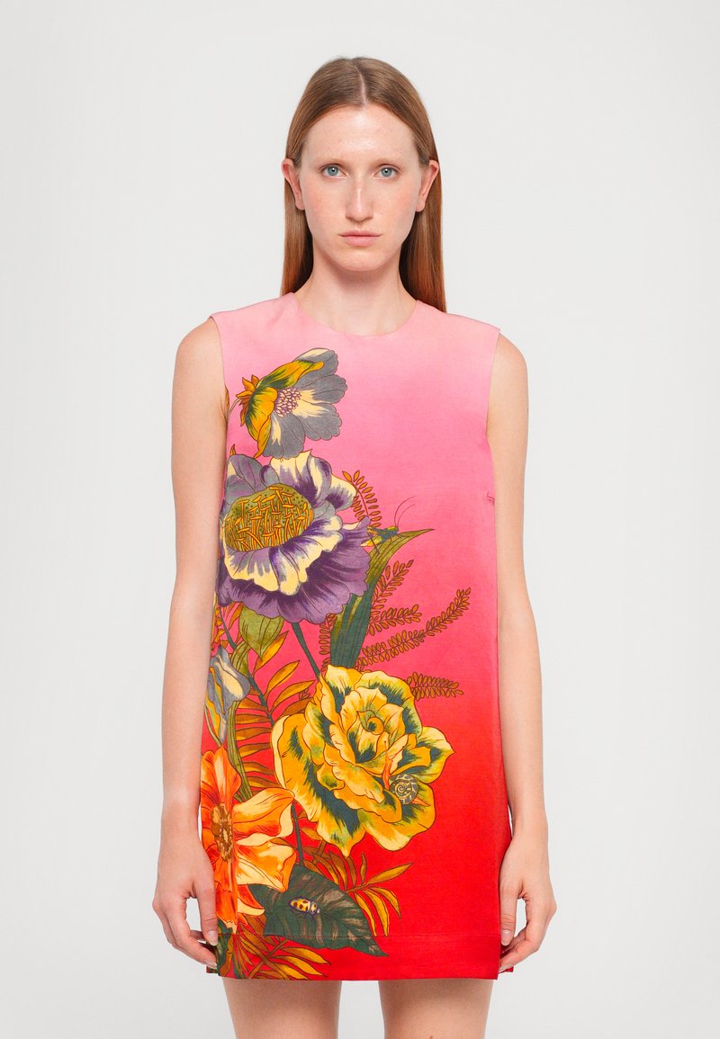 Sleeveless dress with an ombre pink to red background. Features large floral designs in yellow, purple, and orange, with green leaves.