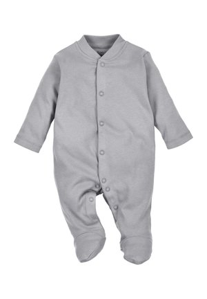 Grauer Baby-Body mit langen Ärmeln aus weichem Stoff, mit Wickelkragen, vorderen Druckknopfverschlüssen und geschlossenen Füßen für zusätzliche Wärme.