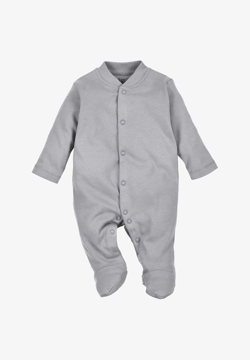 Szary długi rękaw body dla niemowląt, wykonane z miękkiej tkaniny, z zapięciem kopertowym, z przodu zatrzaskami oraz z zamkniętymi stopami dla zapewnienia ciepła.
