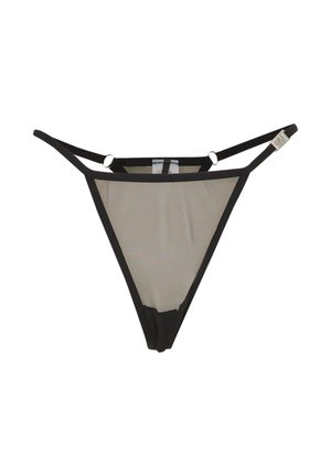 Schwarzer Netz-String mit dünnen Trägern und kleinen runden Metallakzenten. Verfügt über eine dreieckige Form und transparentes Material auf der Rückseite.