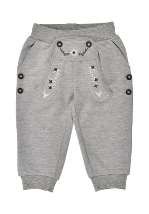 Graue Kleinkinderhose mit gerippten Bündchen, dekorativen Knöpfen an den Seiten und bestickten Blumen- und Hirschkopfmotiven auf der Vorderseite.