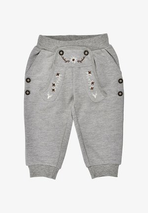 Graue Kleinkinderhose mit gerippten Bündchen, dekorativen Knöpfen an den Seiten und bestickten Blumen- und Hirschkopfmotiven auf der Vorderseite.
