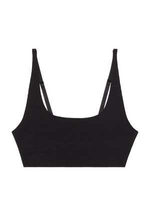 Bralette nera a coste con spalle larghe e scollatura a barca. Realizzato in un materiale elasticizzato, presenta cuciture minime e una finitura pulita.