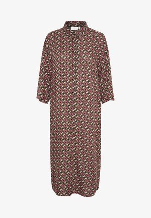 Longue robe boutonnée avec manches 3/4, présentant un motif floral géométrique en tons rose, noir et beige sur un fond sombre.