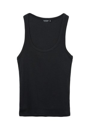 Black cotton tank top with a rounded neckline and wide shoulder straps. Features a smooth texture and a classic, fitted design.