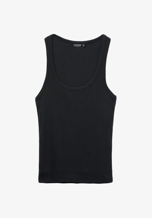 Sort bomulds tanktop med rund halsudskæring og brede skulderstropper. Har en glat tekstur og et klassisk, tætsiddende design.