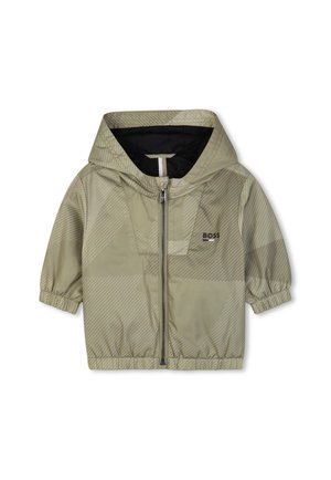 Veste à capuche pour tout-petit marron clair avec fermeture éclair à l'avant, poignets élastiques, fines rayures diagonales et logo "BOSS" sur la poitrine.