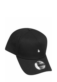 Schwarze Baseballmütze aus Baumwolle mit strukturiertem Design, gebogenem Schirm und gesticktem "LA"-Logo in Weiß. Mit verstellbarem Rücken.