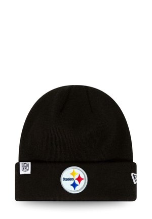 Black knit beanie with a folded cuff, featuring a circular Pittsburgh Steelers logo patch in blue, yellow, and red, and an NFL tag on the side.
