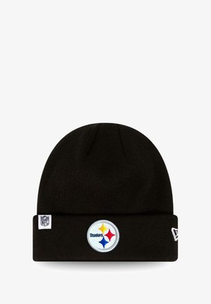 Black knit beanie with a folded cuff, featuring a circular Pittsburgh Steelers logo patch in blue, yellow, and red, and an NFL tag on the side.
