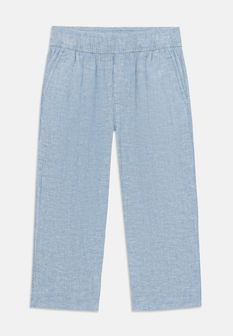Pantalons en lin bleu clair avec une taille élastique, des poches latérales et une coupe droite. Texture lisse avec un motif de tissage subtil.