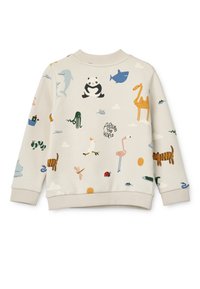 Jasno beżowy sweatshirt z kolorowymi ilustracjami zwierząt, w tym pandy, delfina i żyrafy, na tle w chmurki.